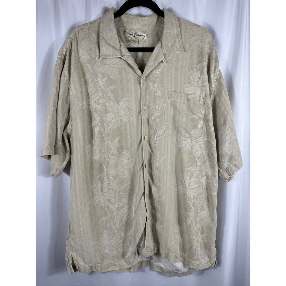 Tommy Bahama 100% Silk Shirt Mens XL Beige Floral Hawaiian Vacation Wear‎